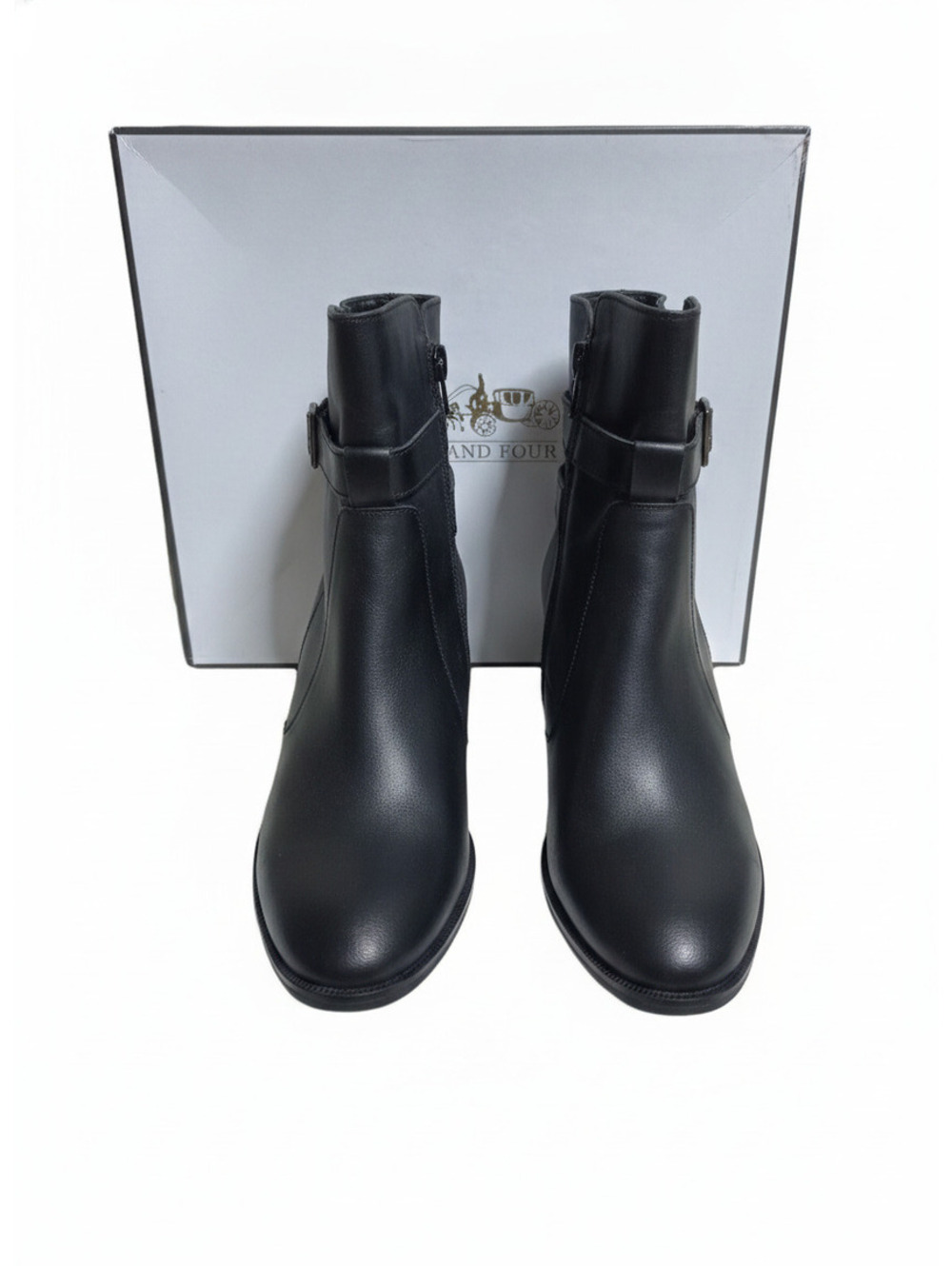 Coach and Four Black Leather Ankle Boots with Buckle Detail *New w/ damaged box*